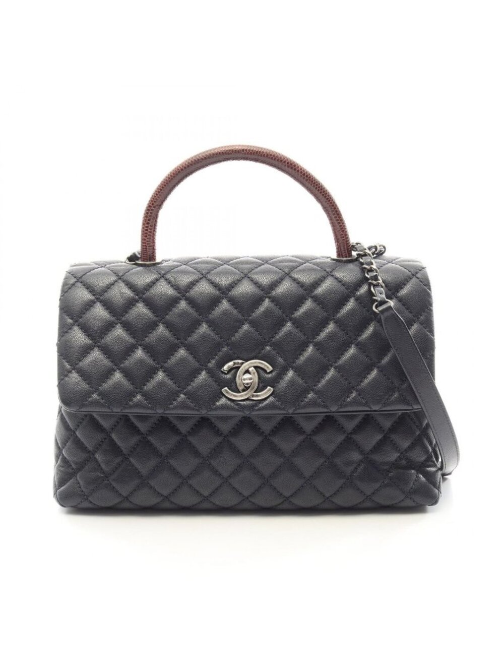 Chanel Handbag Quilted Coco Handle 2-Way Navy Red Brown Caviar Leather Chain
